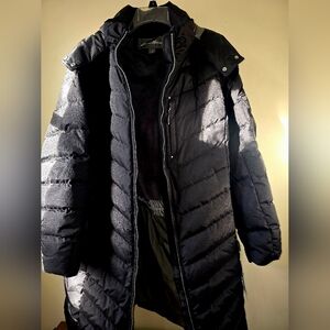 NWT Eddie Bauer Black Down Coat with Tan Fur Detachable Hood, Water Repellant